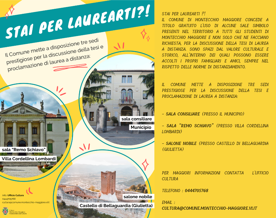 Sale a disposizione per discussione tesi e proclamazione laurea Progetto Giovani Montecchio Maggiore Sale a disposizione per discussione tesi e proclamazione laurea Progetto Giovani Montecchio Maggiore