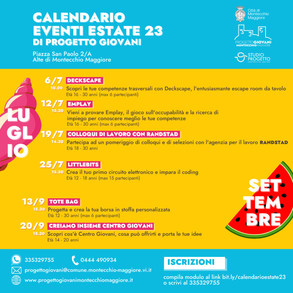 CALENDARIO EVENTI ESTATE 2023 a Progetto Giovani