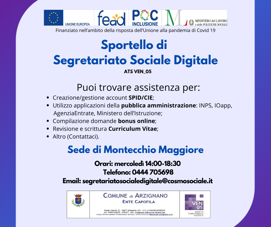 SPORTELLO DI SEGRETARIATO SOCIALE DIGITALE Progetto Giovani Montecchio Maggiore