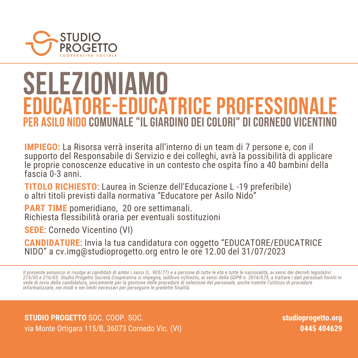 CERCASI EDUCATORE/EDUCATRICE NIDO A CORNEDO Progetto Giovani Montecchio Maggiore